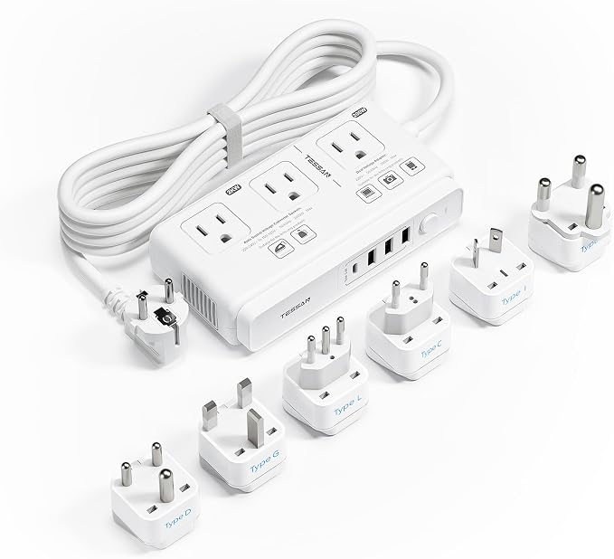 TESSAN Voltage Converter US to Europe, 220 to 110 | 4 USB Ports (1 USB C), 3 AC Outlets, EU UK AU IT IN ZA Plug Adapter, Step Down Transformer, 6 FT Cord