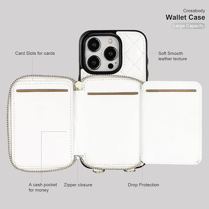Bocasal Crossbody Wallet Case for iPhone 15 Pro, RFID Blocking PU Leather Zipper Handbag Purse Flip Cover, Kickstand Folio Case with Card Slots Holder Wrist Strap Lanyard 5G 6.1 Inch (White)