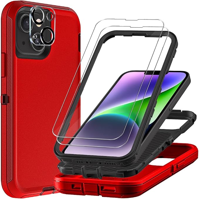 for iPhone 14 Plus Case with 2Pcs Tempered Glass Screen Protector and 1Pcs Camera Lens Protector, Military Grade 3 in 1 Heavy Duty Shockproof/Drop Proof/Dust Proof Case (Red/Black)