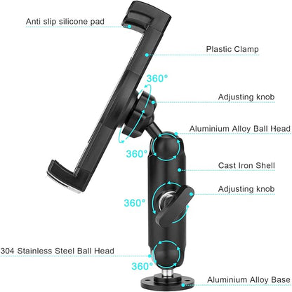 Aluminum Heavy Duty Drill Base Tablet Holder for Car,Tablet Mount for Truck,Commercial Vehicles,Dashboard,Boat and Wall Compatible with 4"-12.9" iPad Pro/Mini/Galaxy Tab//Phones,Large Case Friendly