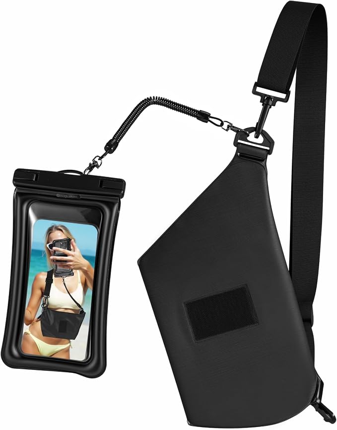 Waterproof Phone Pouch 8.3" & Fanny Pack, Waterproof Phone Case Detachable Lanyard Spring Rope for iPhone 16 15 14 13 Pro Max, IPX8 Cellphone Dry Bag Beach Cruise Ship Essentials Black