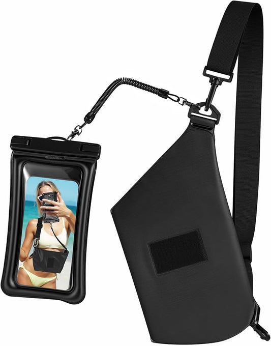 Waterproof Phone Pouch 8.3" & Fanny Pack, Waterproof Phone Case Detachable Lanyard Spring Rope for iPhone 16 15 14 13 Pro Max, IPX8 Cellphone Dry Bag Beach Cruise Ship Essentials Black
