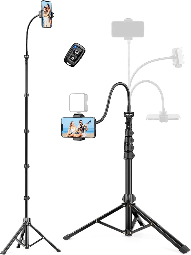 Phone Tripod Stand, 85" Tall Cellphone Tripod for iPhone with Gooseneck Remote, Flexible Portable Phone Stand for Recording, Compatible with iPhone 14 13 12 pro Android Camera