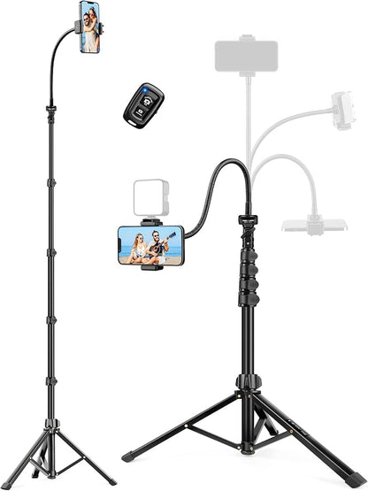 Phone Tripod Stand, 85" Tall Cellphone Tripod for iPhone with Gooseneck Remote, Flexible Portable Phone Stand for Recording, Compatible with iPhone 14 13 12 pro Android Camera