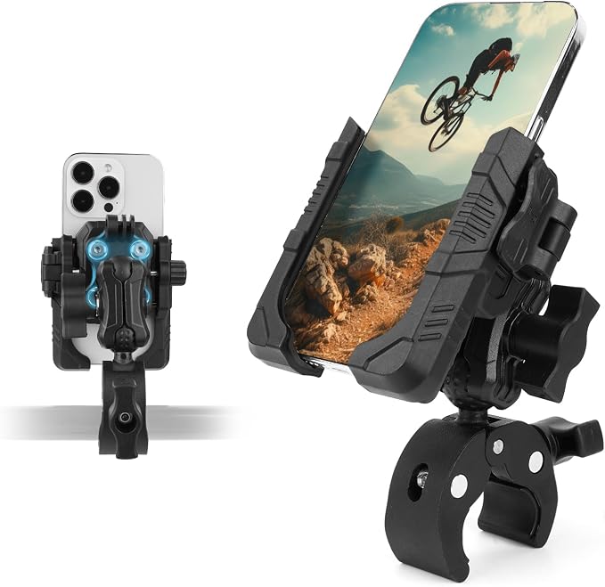 Universal Phone Mount for Bike/Motorcycle/Scooter/ATV, 720° Rotatable Anti-Shake Holder with One-Hand Quick Release &Secure Lock Knob, Fits 5.4-7.2” iPhone 16/15/14/13 Pro Max, 75026