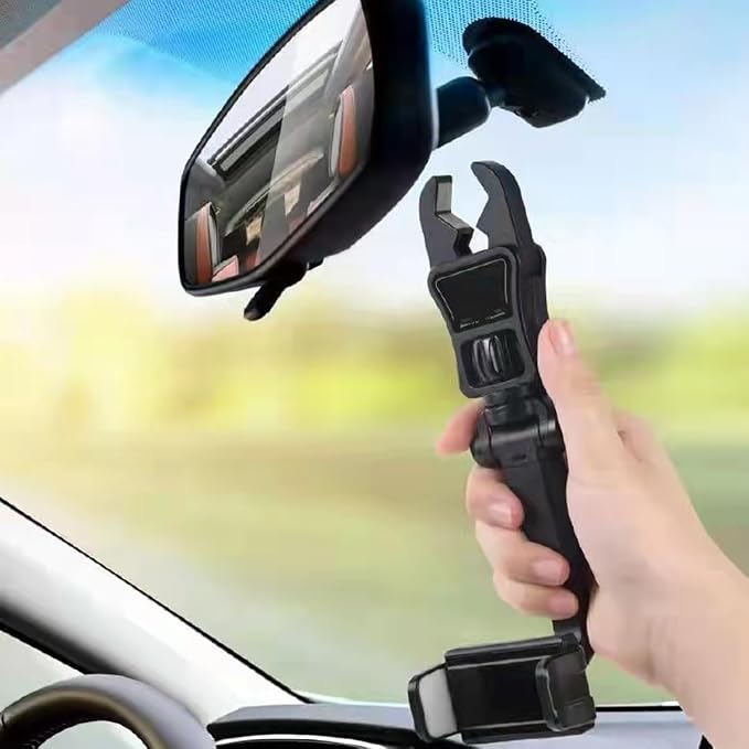 BESULEN Car Rear View Mirror Phone Holder, 360° Rotating Rearview Mirror Phone Mount, ABS Multi-Functional Adjustable Cellphone Holder, Universal Car Phone Holder for All Smartphones (Black/Gray)