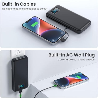 Portable Charger for iPhone with Built in Cables & Wall Plug,10800mah Travel Essentials Power Bank,4 Output LCD Display External Battery Pack Phone Charger for iPhone 17/16/15/14,Galaxy,Android etc