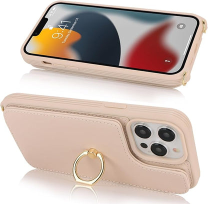Lipvina for iPhone 13 Pro Max/iPhone 12 Pro Max Case with Card Holder for Women,Crossbody Strap Lanyard,Credit Card Holder,Ring Stand,Snap Clasp,Wallet Case 6.7 inch (Beige)