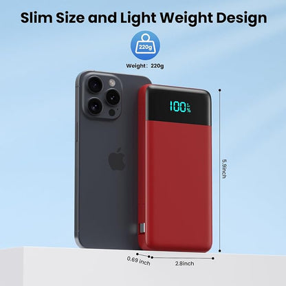 FOCHEW Portable Charger for iPhone with Built in Cables and Wall Plug,Upgraded 13800mAh Fast Charging USB C Power Bank,4 Outputs Travel Essential Battery Pack Compatible with iPhone 15/14/13/12,-Red