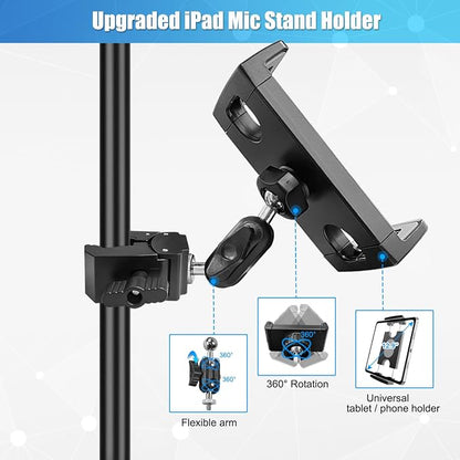 Mic Stand Tablet Holder, 360° Swivel iPad Mic Stand Holder Phone iPad Holder for Mic Stand/ Treadmill/ Spin Bike/ Peloton Exercise Bike Handlebar Mount, Fits 4-12.9" iPad, iPhone, Android Smartphones