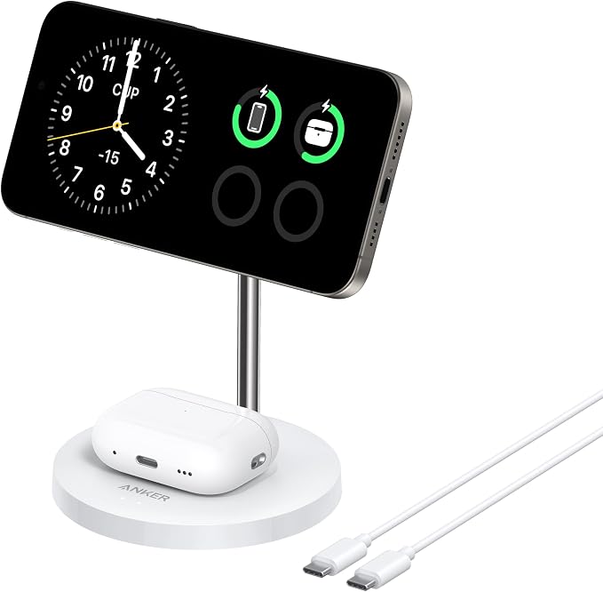 Anker MagSafe Compatible MagGo Charger Stand, iPhone 17 Wireless Charger, 2-in-1 Charging Station, Qi2 Certified 15W Fast Charging, for iPhone 17/16/15/14/13, AirPods Pro (White, with Cable)
