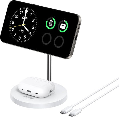 Anker MagSafe Compatible MagGo Charger Stand, iPhone 17 Wireless Charger, 2-in-1 Charging Station, Qi2 Certified 15W Fast Charging, for iPhone 17/16/15/14/13, AirPods Pro (White, with Cable)