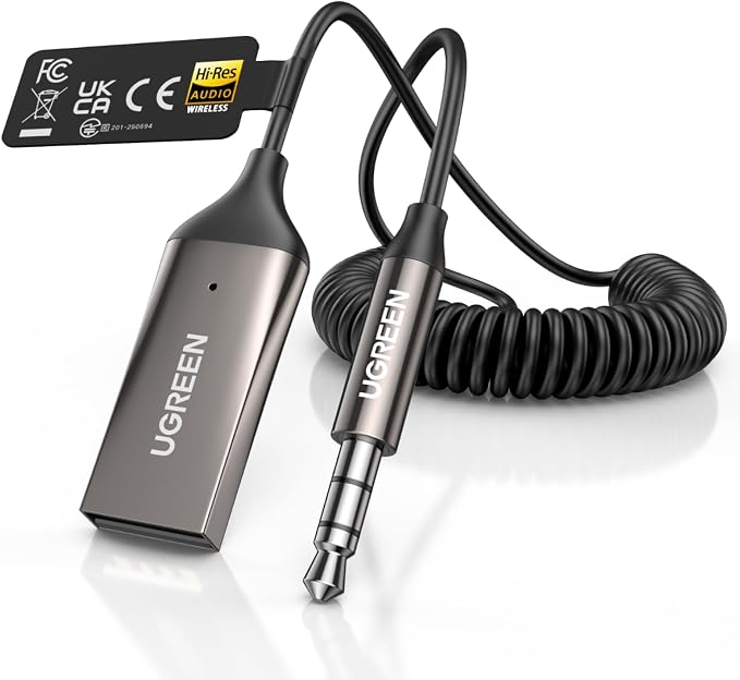 UGREEN Aux to Bluetooth 6.0 Car Adapter with LDAC, 3.5mm Aux Adapter Built-in Microphone, Car Bluetooth Audio Receiver for Hands-Free Calls Compatible with Speaker & Home Audio