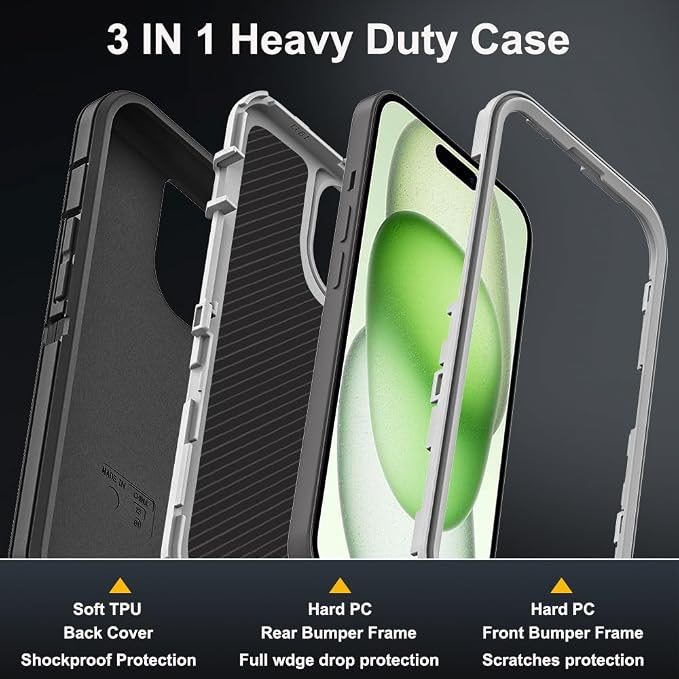 for iPhone 15 Plus Case with 2Pcs Tempered Glass Screen Protector and 1Pcs Camera Lens Protector, Military Grade 3 in 1 Heavy Duty Shockproof/Drop Proof/Dust Proof Case (Black/Grey)