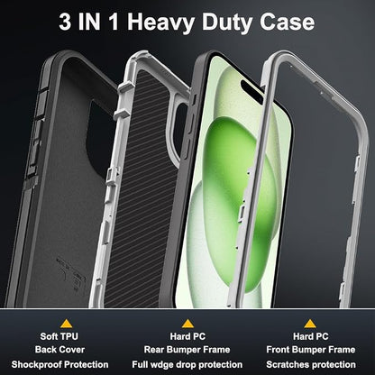 for iPhone 15 Plus Case with 2Pcs Tempered Glass Screen Protector and 1Pcs Camera Lens Protector, Military Grade 3 in 1 Heavy Duty Shockproof/Drop Proof/Dust Proof Case (Black/Grey)