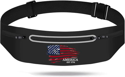 American Flag Slim Running Belt Waist Pack Bag,Black Jogging Fanny Packs for women Moisture Wicking Sports Belt Bag Adjustable,Lightweight Reflective Workout Pouch Phone Holder for Men USA Flag 1776