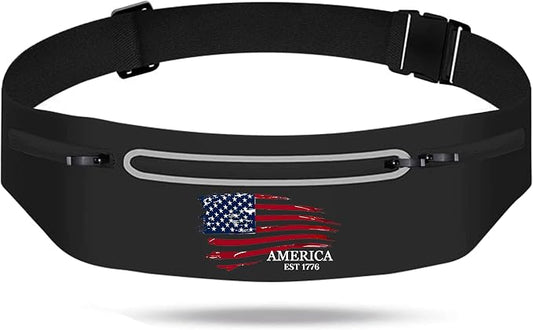 American Flag Slim Running Belt Waist Pack Bag,Black Jogging Fanny Packs for women Moisture Wicking Sports Belt Bag Adjustable,Lightweight Reflective Workout Pouch Phone Holder for Men USA Flag 1776