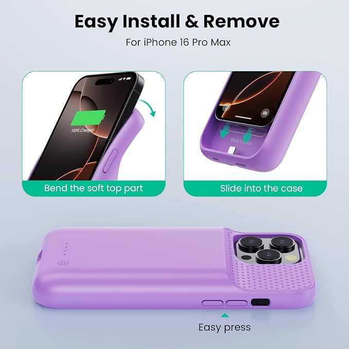 Feob Battery Case for iPhone 16 Pro Max,Ultra-Slim 8600mAh Portable Charger Cover 360°Protection Extended Battery Charging Case for iPhone 16 Pro Max-Purple
