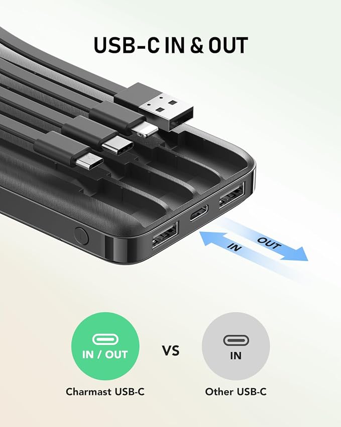 charmast Portable Charger with Built in Cables, 10000mAh Slim Power Bank, 15W USB C in&Out Port High Speed Charging External Charger, Battery Pack Compatible with iPhone 16 15 13 Samsung Google iPad