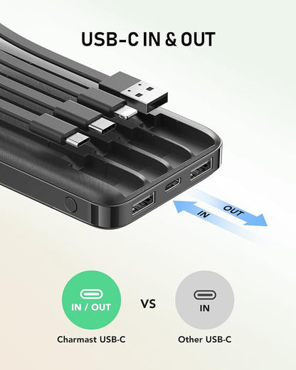 charmast Portable Charger with Built in Cables, 10000mAh Slim Power Bank, 15W USB C in&Out Port High Speed Charging External Charger, Battery Pack Compatible with iPhone 16 15 13 Samsung Google iPad