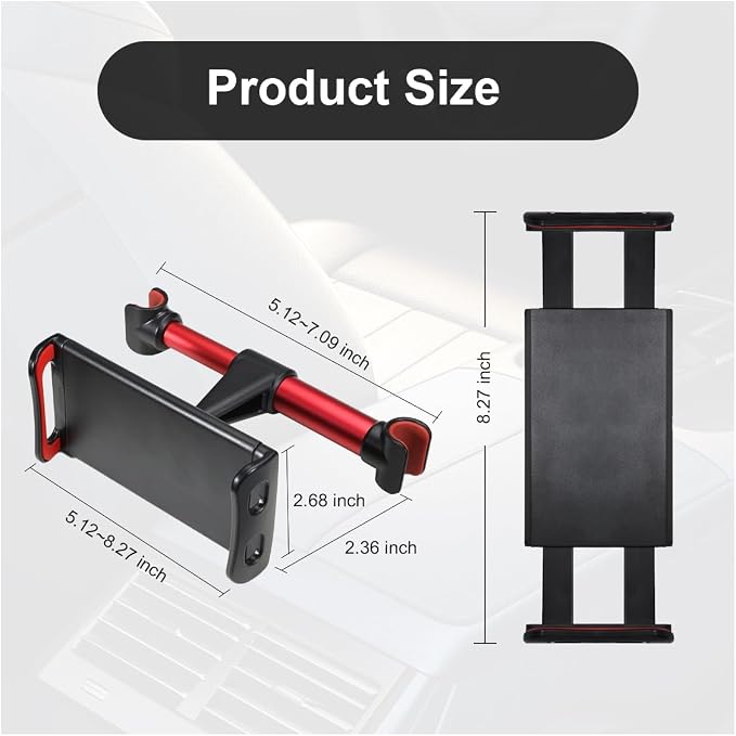 Car Headrest Mount, Adjustable 360 Rotating Tablet Holder for 5.3"-10.2" Devices, Universal Car Backseat Phone Mount for Kids, Fit for iPhone Pro Max, Galaxy Tabs (Red)