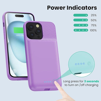 Battery Case for iPhone 15 Pro Max,Powerful 8600mah Ultra-Slim Protective Charging Case,15W Fast Charging Portable Rechargeable Expandable Battery Charger Cover for iPhone 15 Pro Max(6.7inch)-Purple