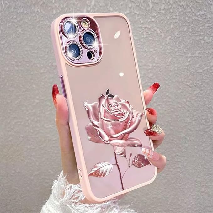 for iPhone 17 Fairy Rose Clear Case, Cute Flower Floral with Glitter Bling Sparkly Camera Lens Protector Soft TPU Bumper Shockproof Women Girls Slim Protective Case for iPhone 17 6.3", Pink