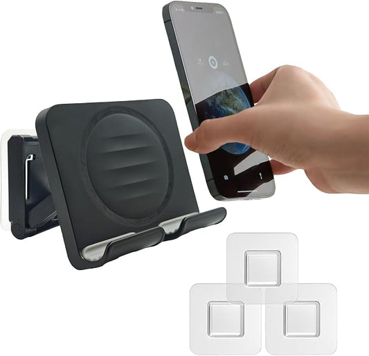 Upgraded Wall Mount Shower Phone Holder with 3pcs Adhesive Stickers | Adjustable and Removable Cell Phone Stand for Bathroom Bedroom Kitchen | Compatible with All Phone and Tablet (Black)