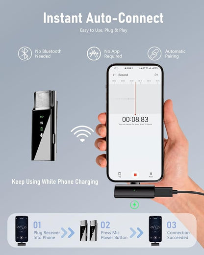 Pro Wireless Lavalier Lapel Microphone System for iPhone Android Phone PC Laptop with USB C/Lightning, 48KHz 24Bit, 30H Battery, Reverb, Noise Cancelling for Video Recording Podcast Stream Vlog