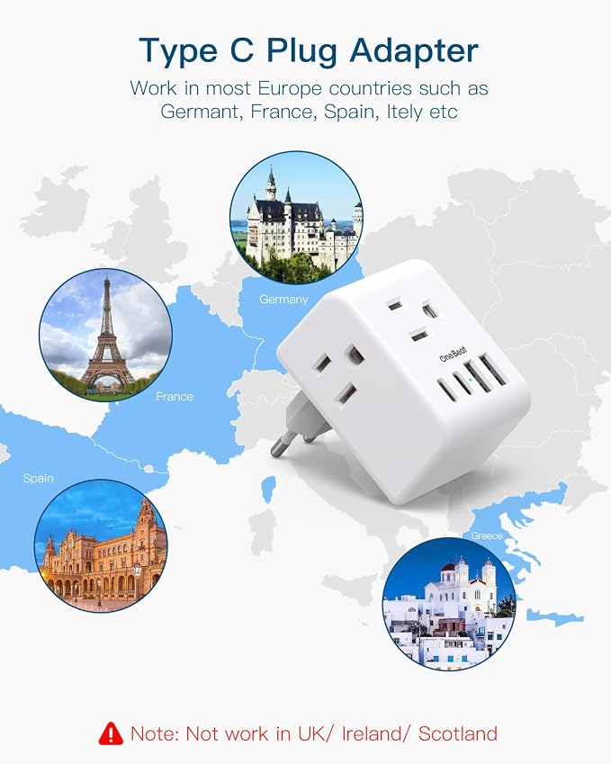2 Pack European Travel Plug Adapter, International Power Plug Adapter | 3 Outlets 4 USB Charging Ports(2 USB C), Type C Plug Adapter Travel Essentials to Most Europe EU Spain Italy France Germany