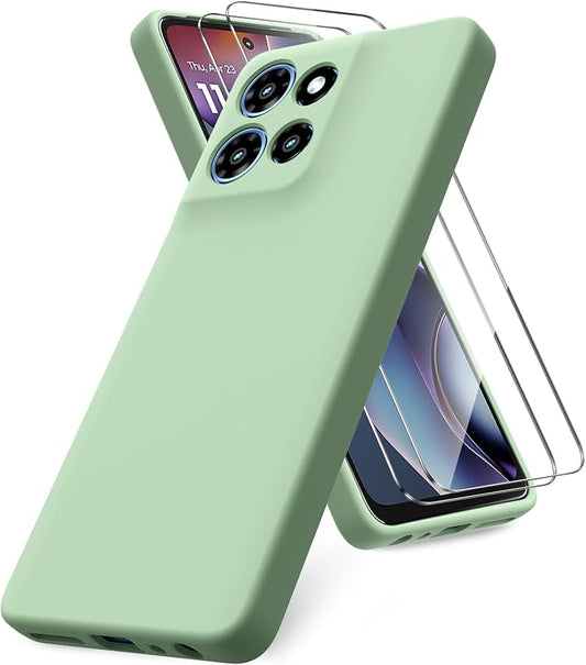 for Motorola Moto G 2025 Case, 2 Pack Tempered Glass Screen Protectors, Soft TPU Liquid Silicone Shockproof Gel Case-Matcha Green