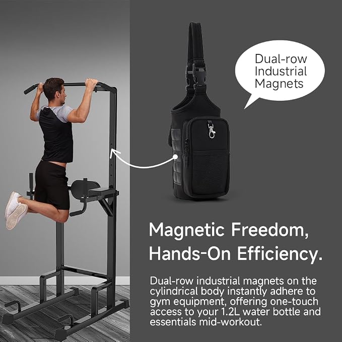 VAKAER Magnetic Gym Bag, Water Bottle Carrier Holder with Phone Pocket & Adjustable Strap,10 Ultra-Strong Magnets Stick to Fitness equipment, Workout Accessories Pouch for Women & Men, Black