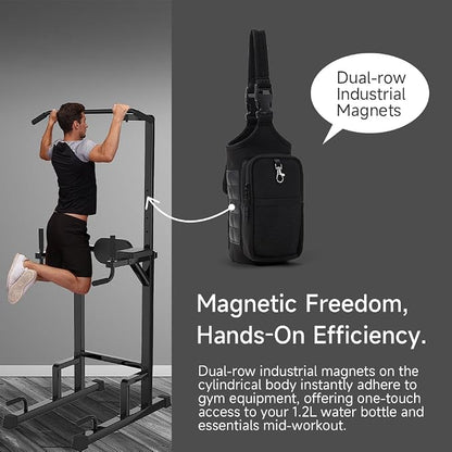 VAKAER Magnetic Gym Bag, Water Bottle Carrier Holder with Phone Pocket & Adjustable Strap,10 Ultra-Strong Magnets Stick to Fitness equipment, Workout Accessories Pouch for Women & Men, Black