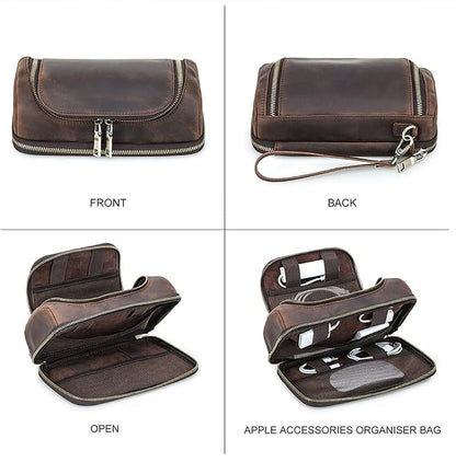 CONTACTS Full Grain Leather Travel Cable Organizer Pouch Double Layer Electronics Organizer Travel Case for Charger, Cable, Power, Tech Storage Bag by Handmade (Brown)
