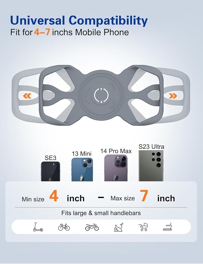 Bike Phone Mount Holder, Detachable Bicycle- 360° Rotatable, Cell Phone Mount for 4"-7" Phones Silicone Bicycle for 16 Pro Max / 15, S10 and More 4.7-6.8" Phone, Grey