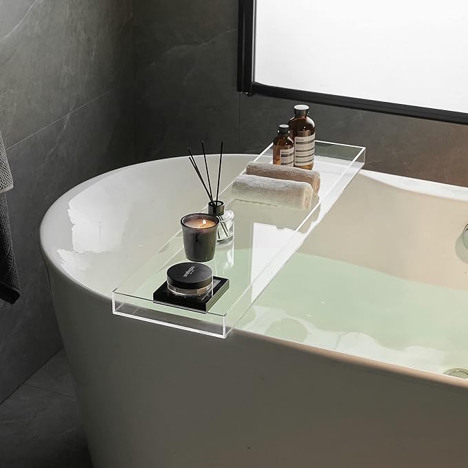 Clear Bathtub Tray AcrylicTub Rack - Bath Tub Shelf for Bathroom to Hold Book, Phone, Candle, Wine & Tablet - Waterproof Caddy Bathroom Accessories, Beelee BA0033