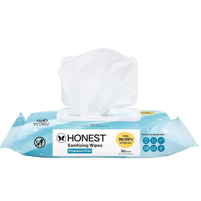 The Honest Company Fragrance-Free Sanitizing Alcohol Wipes, Antibacterial Safe for Hands, Kills 99% of Germs, Made With Aloe, 50 Count (1 Pack)