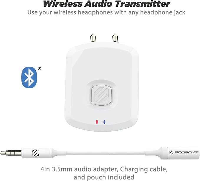 Scosche BTTWT-SP FlyTunes Universal Portable Bluetooth 4.1 Wireless Audio Transmitter for Use with AirPods, Earbuds/Headphones, TV’s and More - White