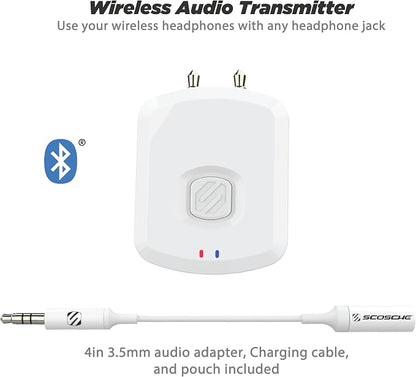 Scosche BTTWT-SP FlyTunes Universal Portable Bluetooth 4.1 Wireless Audio Transmitter for Use with AirPods, Earbuds/Headphones, TV’s and More - White