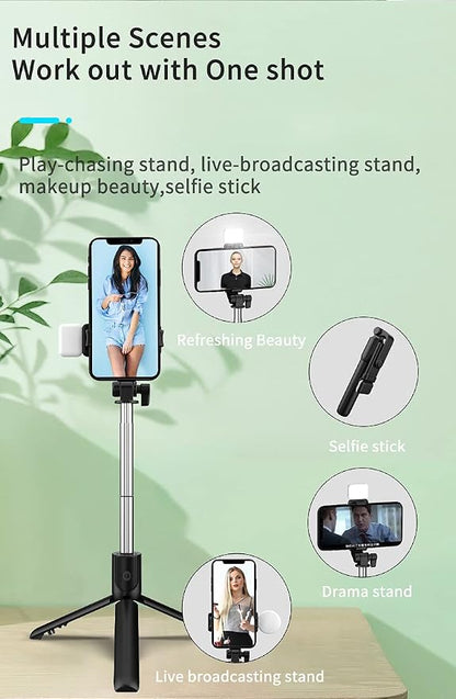 Tianle Selfie Stick with Fill Light, 40 Inch Phone Tripod Extendable Cell Phone Tripod Stand with Wireless Remote and Phone Holder Compatible with iPhone Android for Selfie, Video Recording, Photo