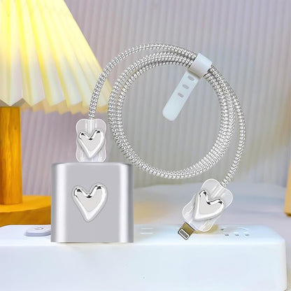 CameCosy DIY Phone Charger Storage Case Cover Sets for iPhone with Cable Protector Earphone Wire Saver, Unique Travel Storage Bag, Cute Cable Charger Protector Cord Organizer (Silver Heart)