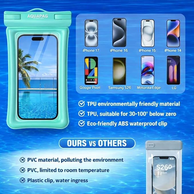 NEPHI IP68 Waterproof Phone Pouch 2 Pack-Up to 8.0"，Adjustable Neck Lanyard Floating Waterproof Phone Case for iPhone,Phone Dry Bags for Vacation Beach Pool Travel Essentials (Aqua Green 2 Pack)