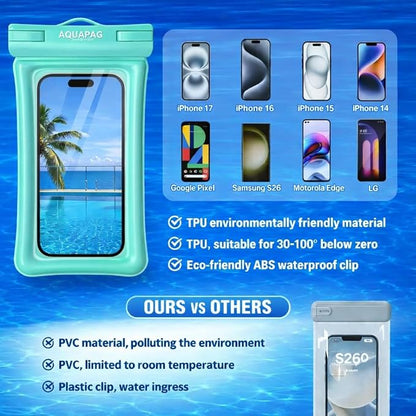 NEPHI IP68 Waterproof Phone Pouch 2 Pack-Up to 8.0"，Adjustable Neck Lanyard Floating Waterproof Phone Case for iPhone,Phone Dry Bags for Vacation Beach Pool Travel Essentials (Aqua Green 2 Pack)