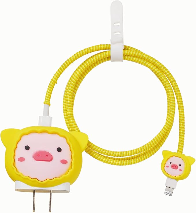 3D Cute Cartoon Charger Protector Case - Compatible for Apple 20W USB-C Power Adapter and Lightning Cable (Yellow Pig)
