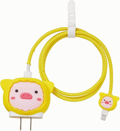 3D Cute Cartoon Charger Protector Case - Compatible for Apple 20W USB-C Power Adapter and Lightning Cable (Yellow Pig)
