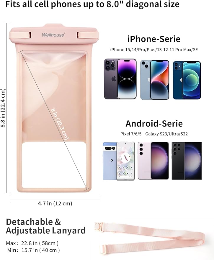wellhouse Waterproof Phone Pouch, Waterproof Phone Case for iPhone 17 16 15 14 13 Pro Max XS Samsung, IPX8 3D Cellphone Dry Bag Beach Essentials (1 Pack - Pink8.0, 8 inch)