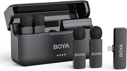 BOYA BY-V4D Wireless Lavalier Microphone for iPhone iPad with Charging case, 18H Battery Life, 650ft Range, 4-Channel Omnidirectional Noise Canceling Lapel Mics for Video Recording Interview Vlog