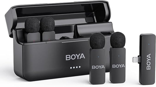 BOYA BY-V4D Wireless Lavalier Microphone for iPhone iPad with Charging case, 18H Battery Life, 650ft Range, 4-Channel Omnidirectional Noise Canceling Lapel Mics for Video Recording Interview Vlog