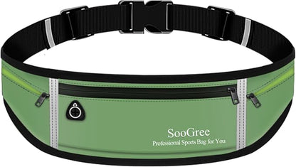 SooGree Slim Running Belt Sport Fanny Pack for Women Men,Reflective Waist Pack Runner Pouch Belt, Zipper Waterproof Running Phone Holder Jogging Pouch for Phone Money (GSP8806 Green)