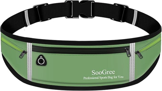 SooGree Slim Running Belt Sport Fanny Pack for Women Men,Reflective Waist Pack Runner Pouch Belt, Zipper Waterproof Running Phone Holder Jogging Pouch for Phone Money (GSP8806 Green)